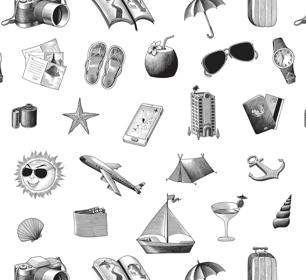 Travel icons pattern hand drawing vintage style isolated on white background vector