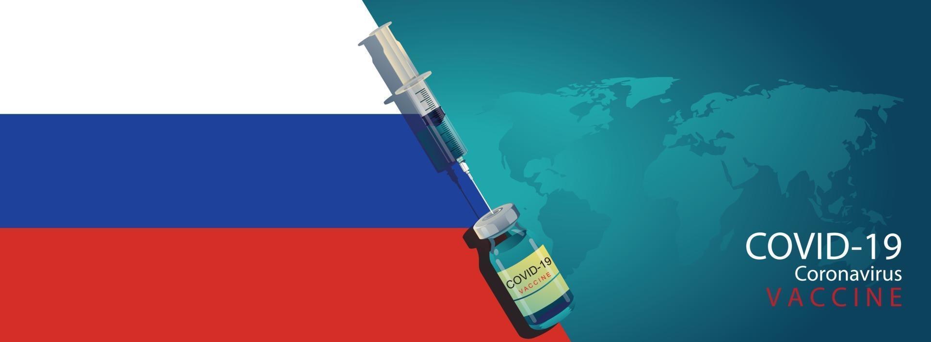 RUSSIAN scientist team discovered the COVID-19 vaccine concept. Vaccine development ready for treatment illustration, vector flat design