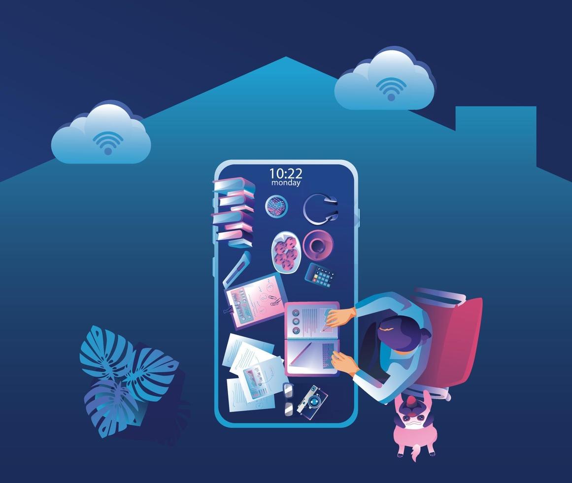 Work from home concept. Top view freelancers working on devices. People at home doing remote work vector illustration