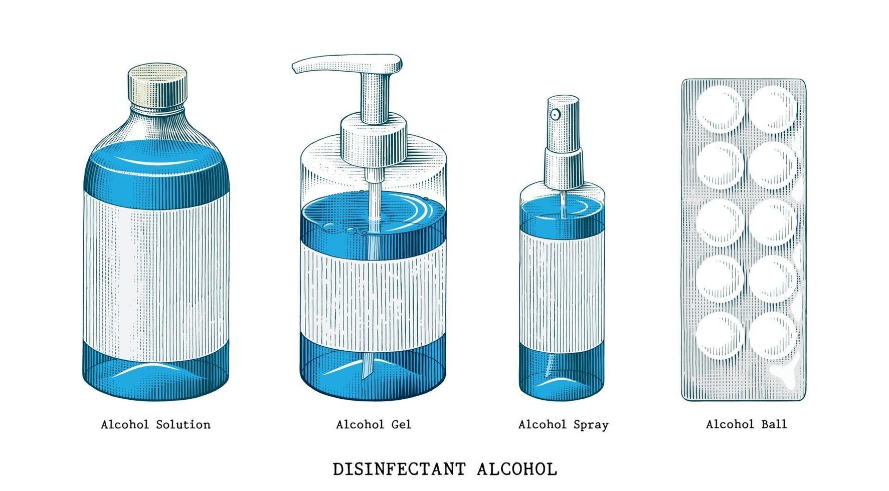 Conjunto de alcohol desinfectante dibujado a mano arte de estilo vintage aislado sobre fondo blanco. vector