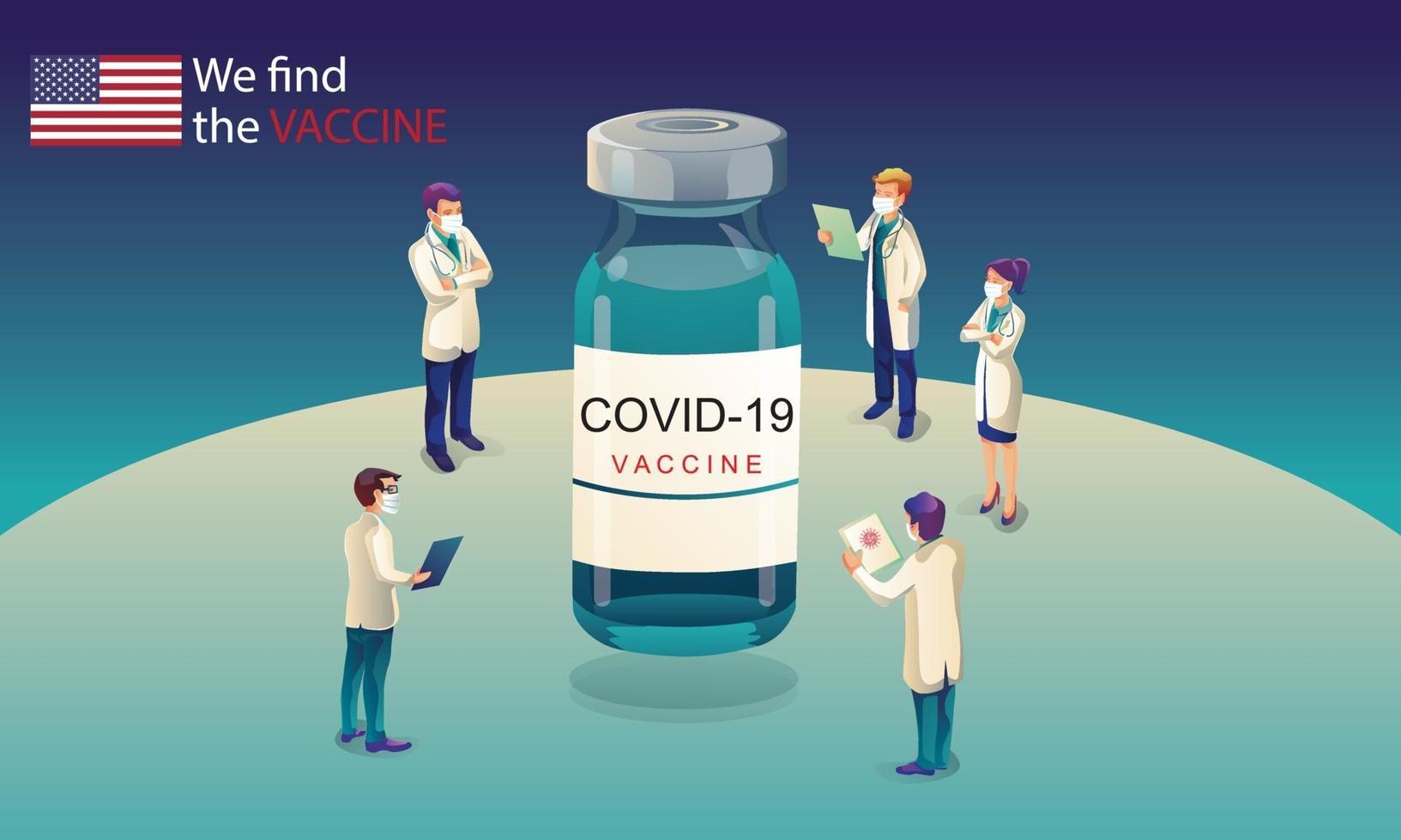 American scientist team has discovered the COVID-19 vaccine, laboratory test, syringe, a vaccine vial, working on the test. vaccine development Ready for treatment illustration, vector flat design