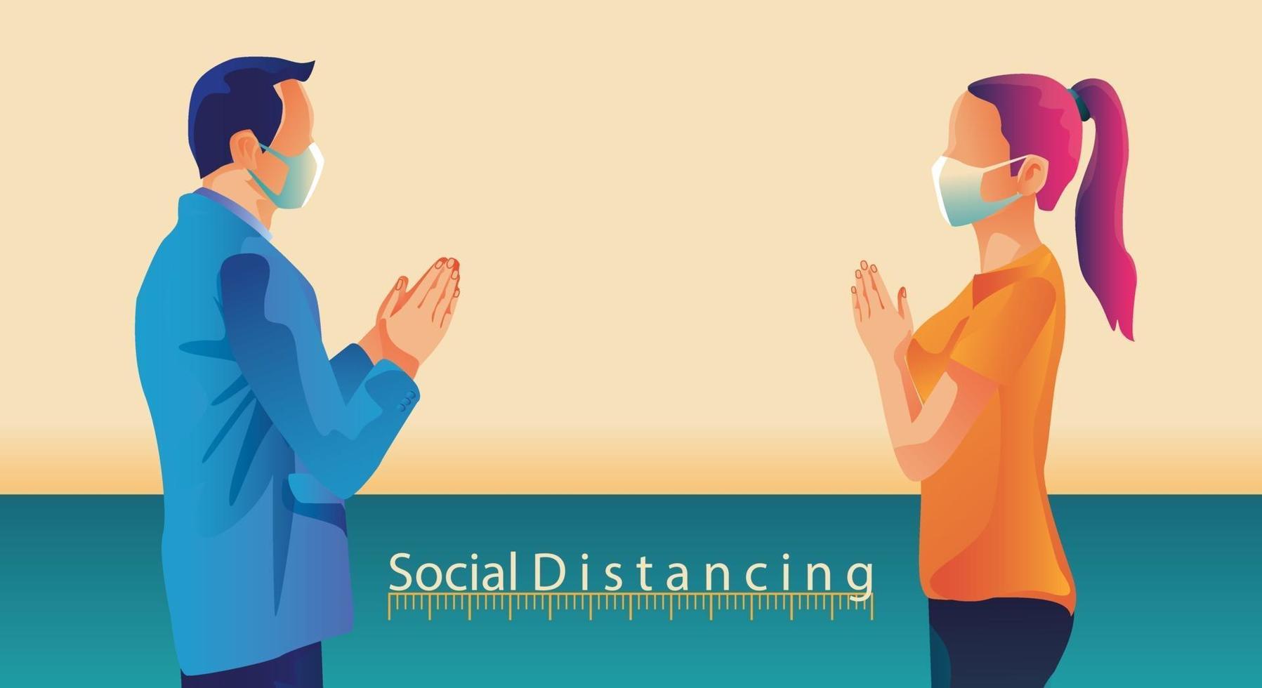 Social distancing, people keep distance and avoid physical contact, handshake or hand touch to protect from COVID-19 coronavirus spreading concept, people are using the THAILAND greeting of Sawasdee vector