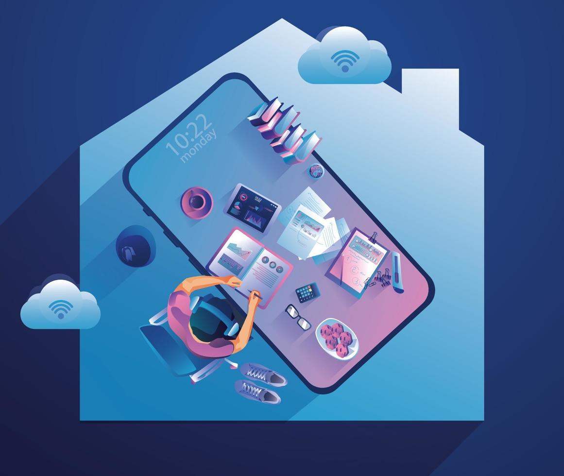 Work from home concept. Top view freelancers working on devices. People at home doing remote work vector illustration