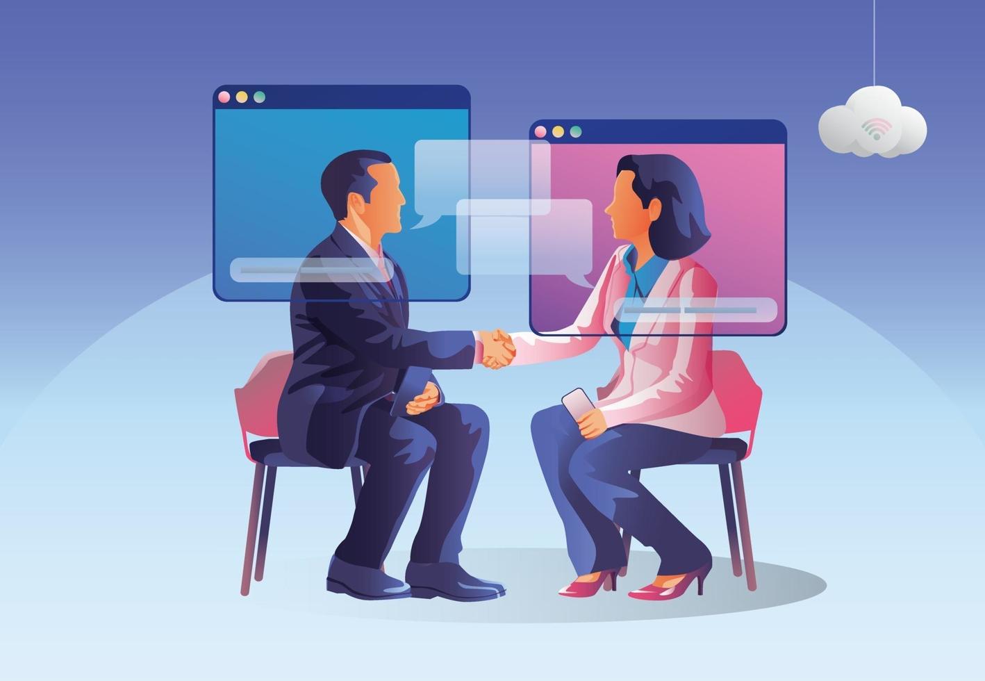 People use Video conference. People on window screen talking with colleagues. Videoconferencing and online meeting workspace page, man and woman learning. Vector illustration, Flat