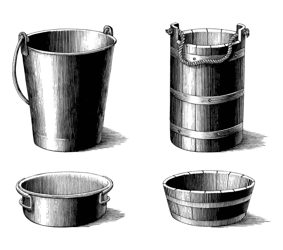 Antique illustration of vintage bucket collection black and white art isolated on white background vector