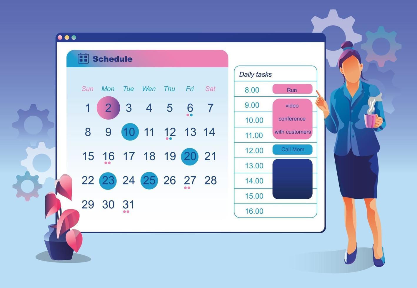 programar eventos. planificación de personas de negocios, eventos, noticias, recordatorio de horario en línea. concepto de calendario, gestión del tiempo publicitario. planificación de tareas, horario de actividades de formación, vector de equilibrio entre el trabajo y la vida