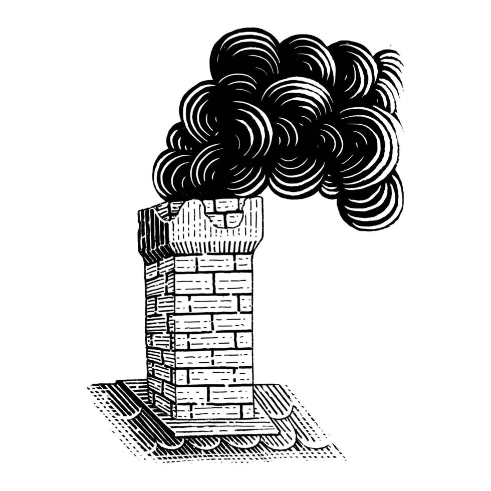 Vintage chimenea dibujo a mano grabado ilustración arte en blanco y negro aislado sobre fondo blanco. vector