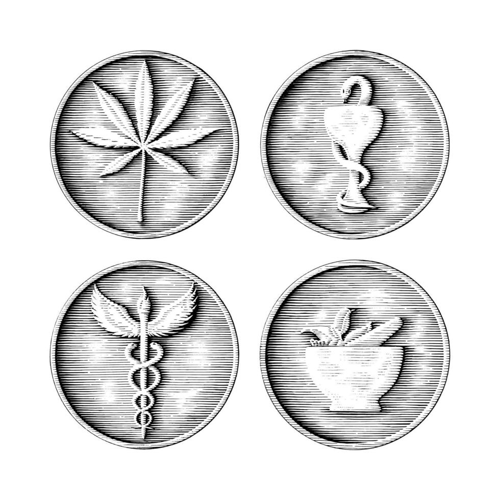 Medical, Pharmaceutical and cannabis symbol hand drawing in coin style black and white art isolated on white background vector