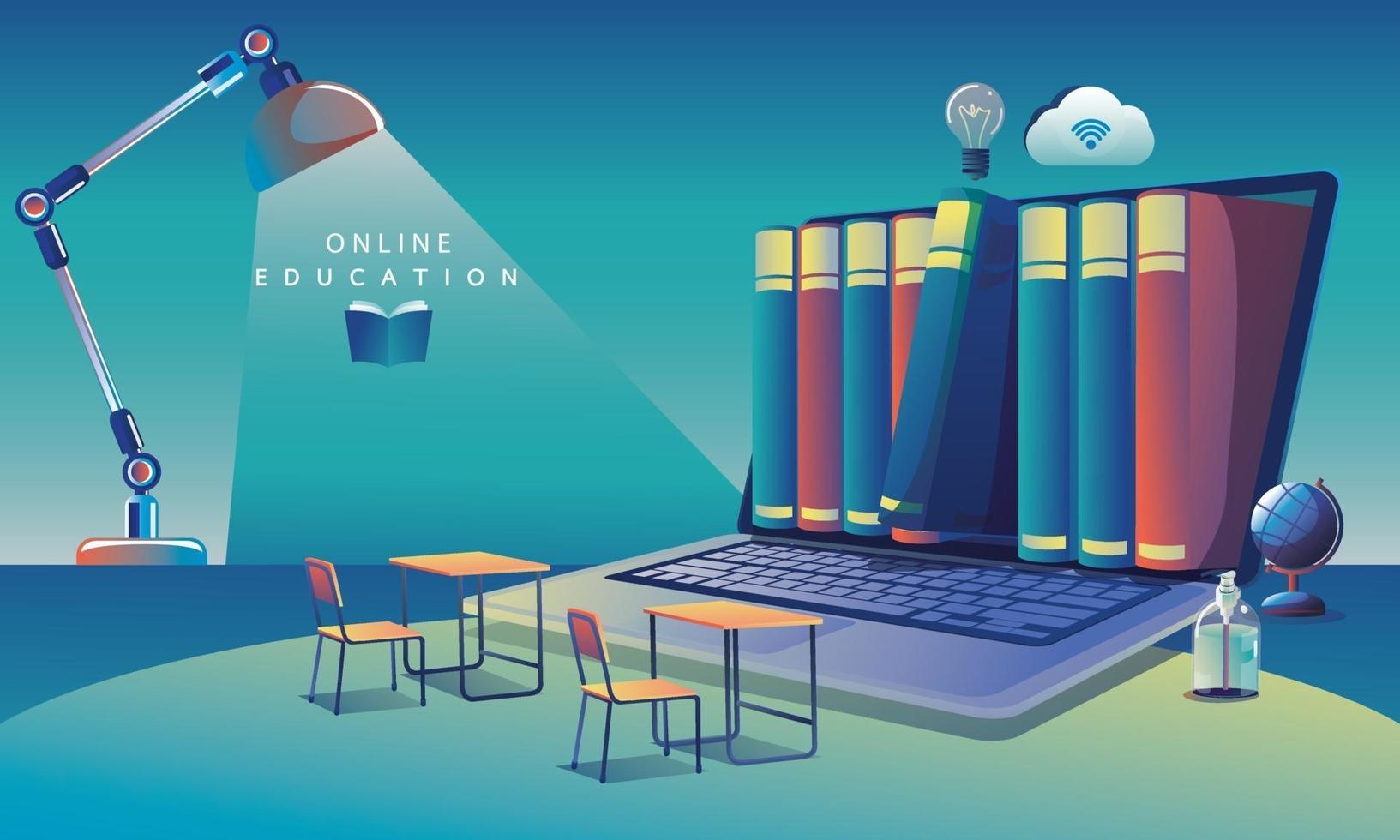 Online Education Application learning worldwide on Computer, mobile website background. Social distance concept. The classroom training course, library Vector Illustration Flat