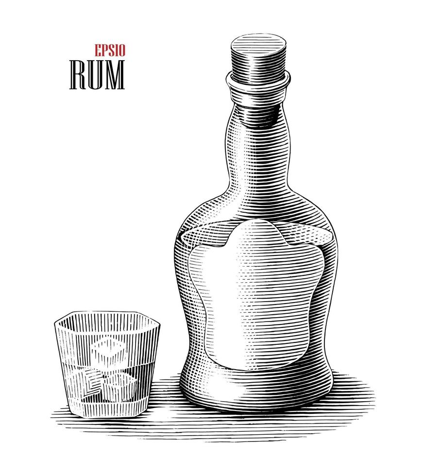 Botella de ron con ilustración de vidrio estilo de grabado vintage arte en blanco y negro aislado sobre fondo blanco. vector