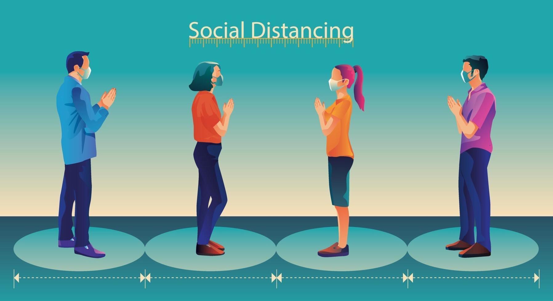 Social distancing, people keep distance and avoid physical contact, handshake or hand touch to protect from COVID-19 coronavirus spreading concept, people are using the THAILAND greeting of Sawasdee vector