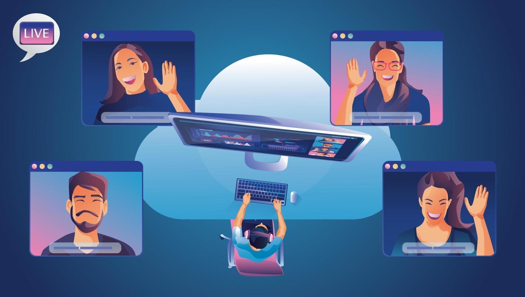 Working People on window screen talking with colleagues. Videoconferencing and online meeting workspace page, man and woman learning Vector illustration, Flat