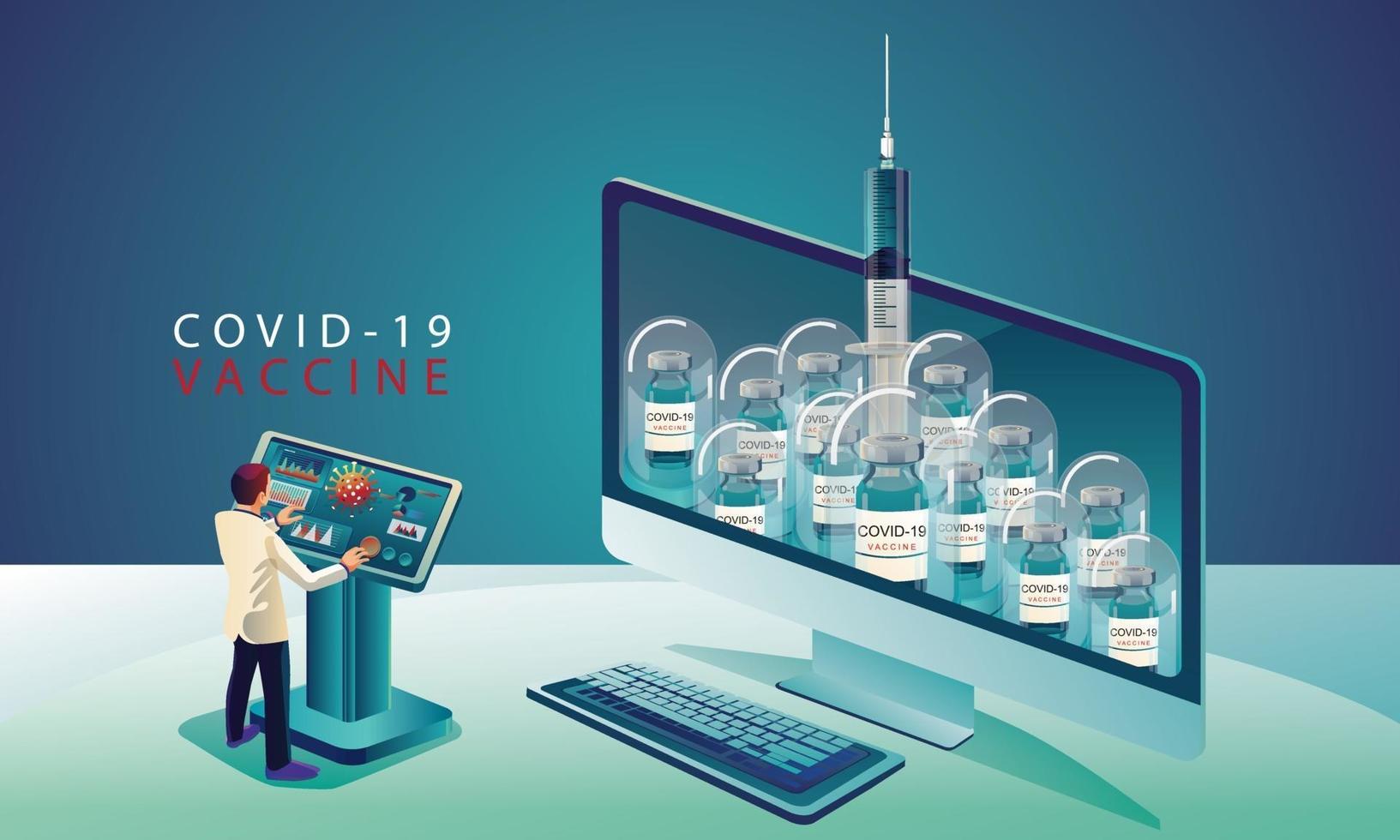 Medical team and scientist have discovered the COVID-19 vaccine, laboratory test, syringe, a vaccine vial, working on the test. vaccine development Ready for treatment illustration, vector flat design