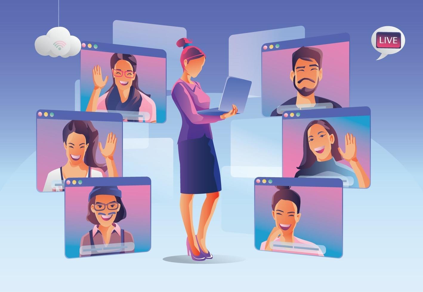 la gente usa la videoconferencia. personas en la pantalla de la ventana hablando con colegas. página de espacio de trabajo de videoconferencias y reuniones en línea, aprendizaje de hombres y mujeres. ilustración vectorial, plano vector