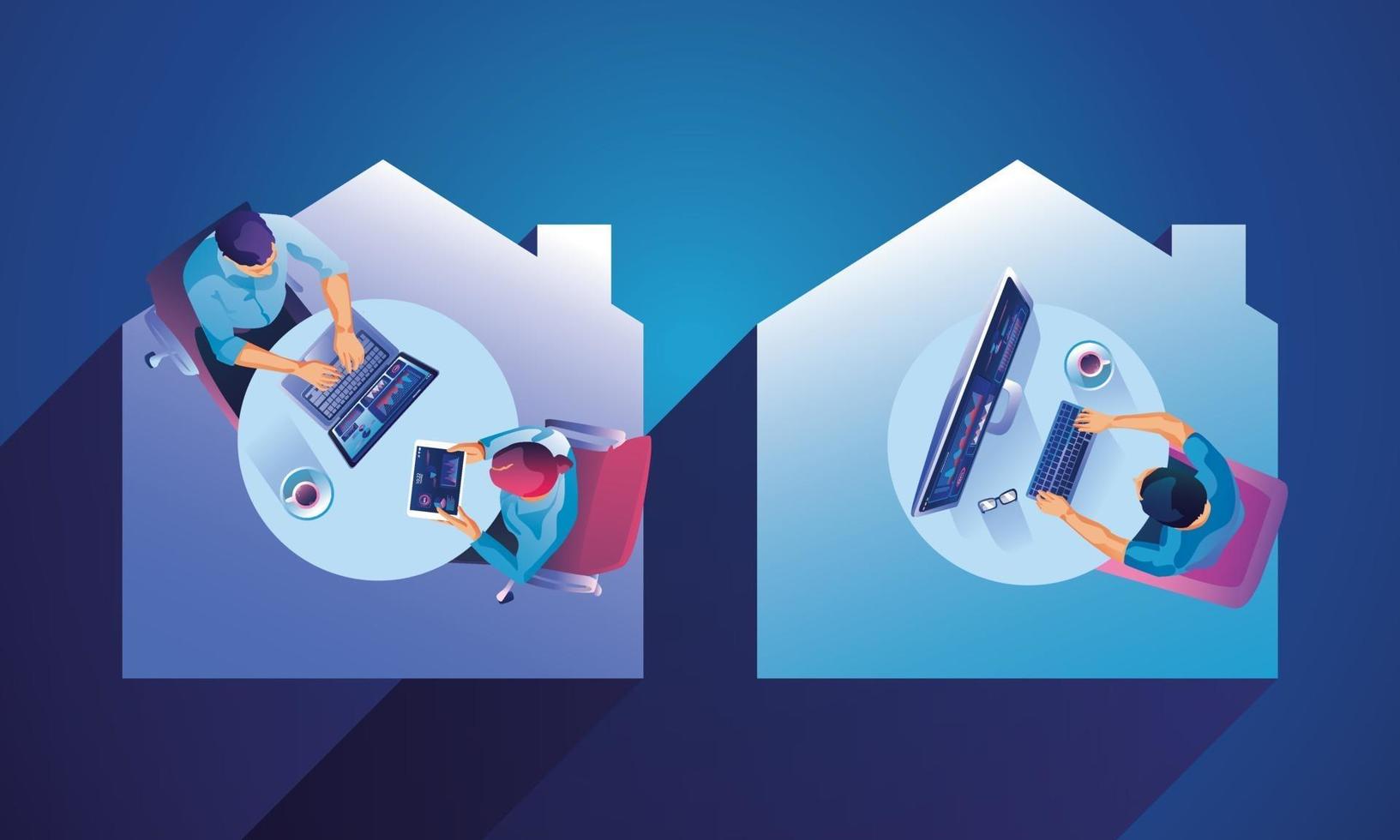 Work from home concept. Top view freelancers working on devices. People at home doing remote work vector illustration