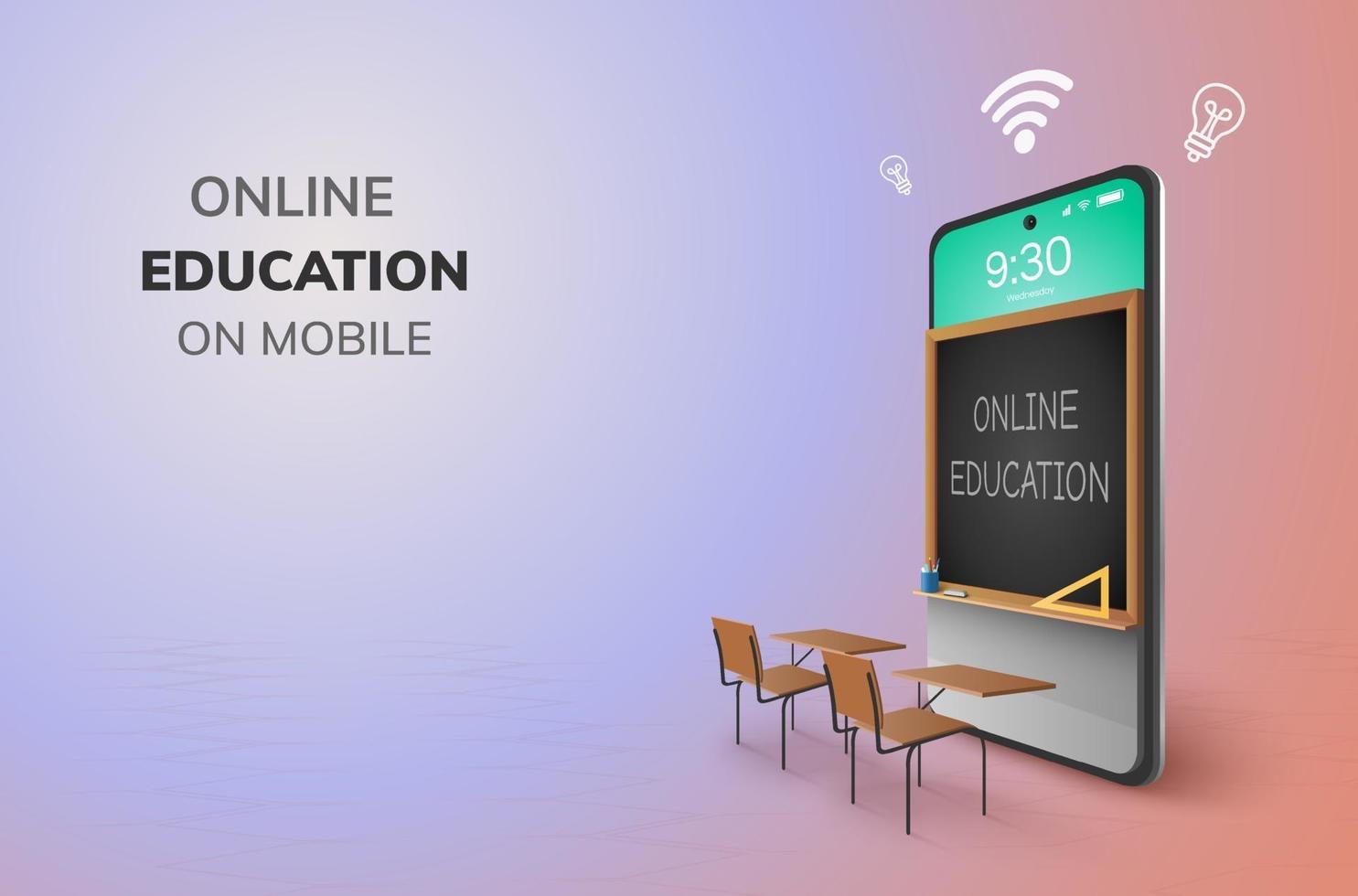Digital Classroom Online Education kindergarten back to school concept. learning on mobile phone blackboard kid children Student desk table chair vector
