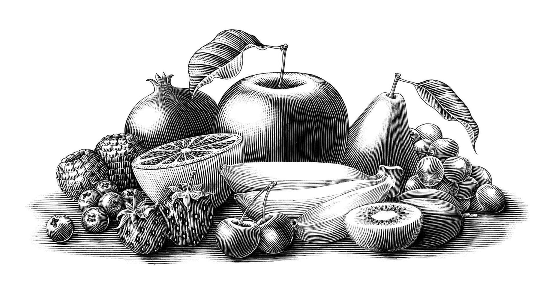 Ilustración de frutas estilo de grabado vintage clip en blanco y negro aislado sobre fondo blanco. vector