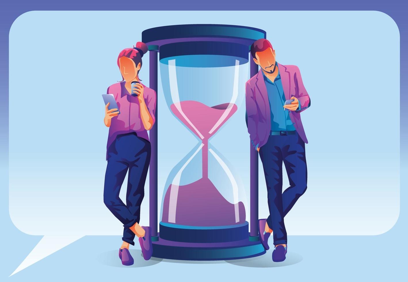 Businessmen and businesswomen with smartphones working online around the hourglass. Time manage Concepts, Business Online, Digital marketing, multitasking, performance, deadline. Vector illustration