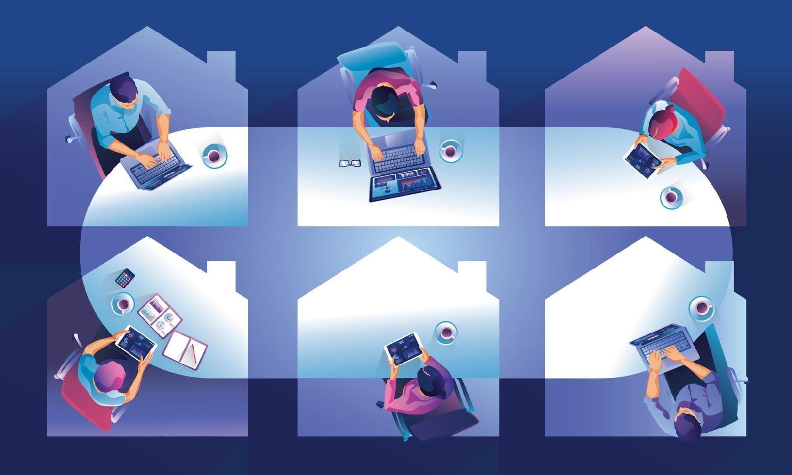 Work from home concept. Top view freelancers working on devices. People at home doing remote work vector illustration