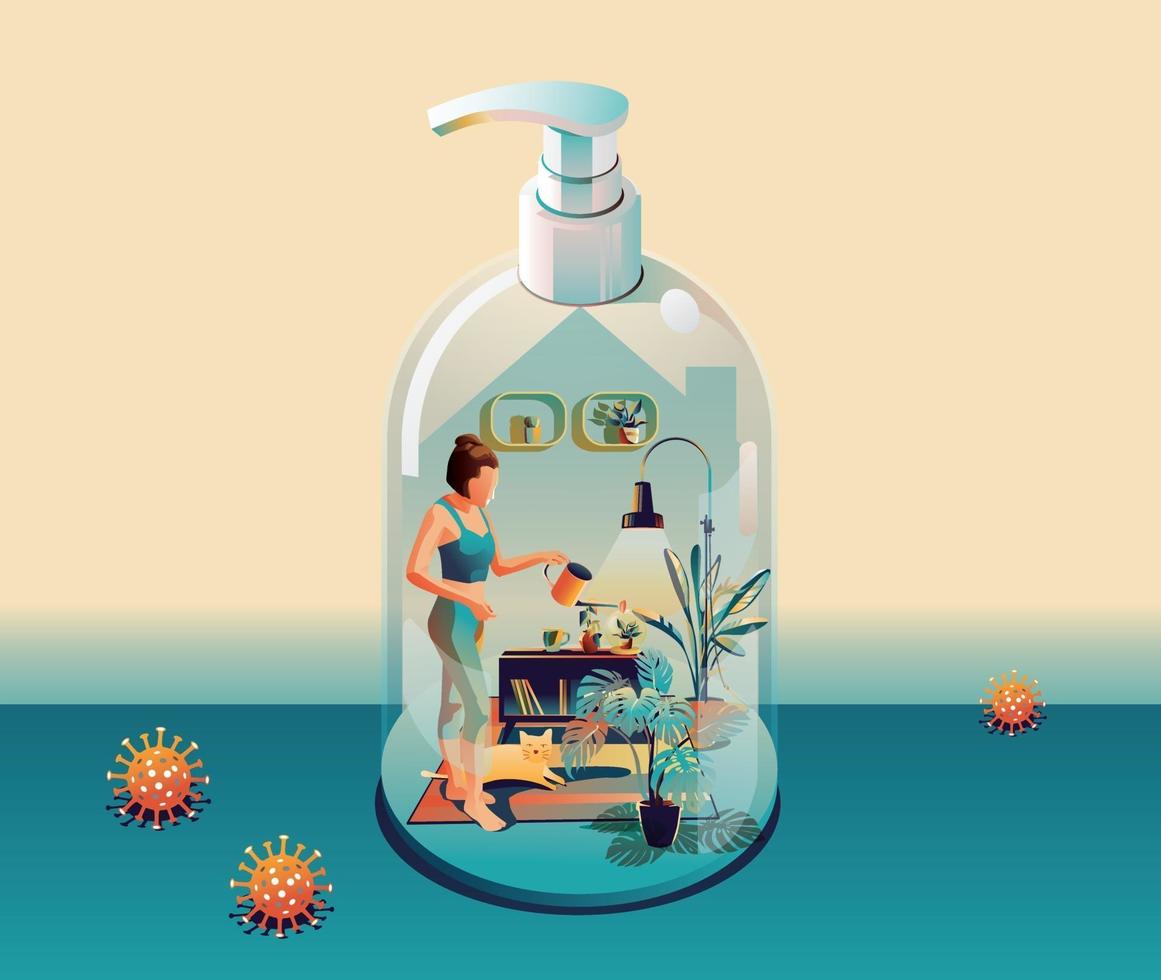 Staying at Home, Quarantine concept. Coronavirus, COVID-19. People in house in shape of gel alcohol bottle on green background with many viruses around. Vector Flat Design