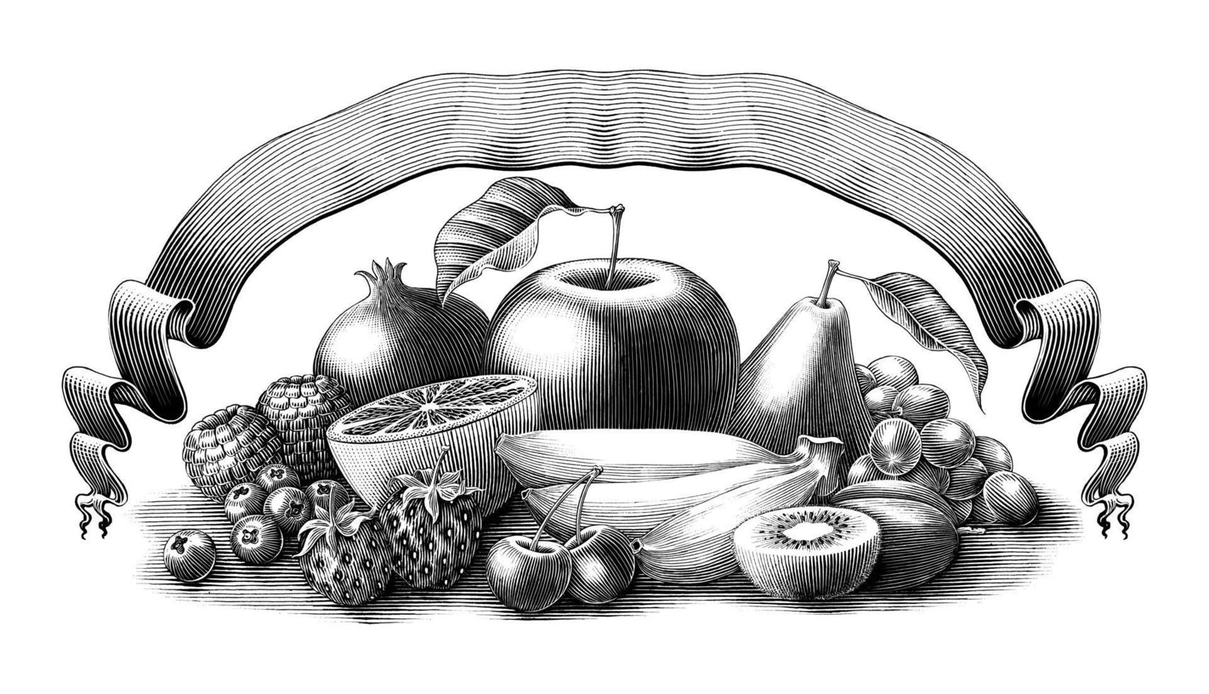 Ilustración de frutas con banner estilo de grabado vintage arte en blanco y negro aislado sobre fondo blanco vector