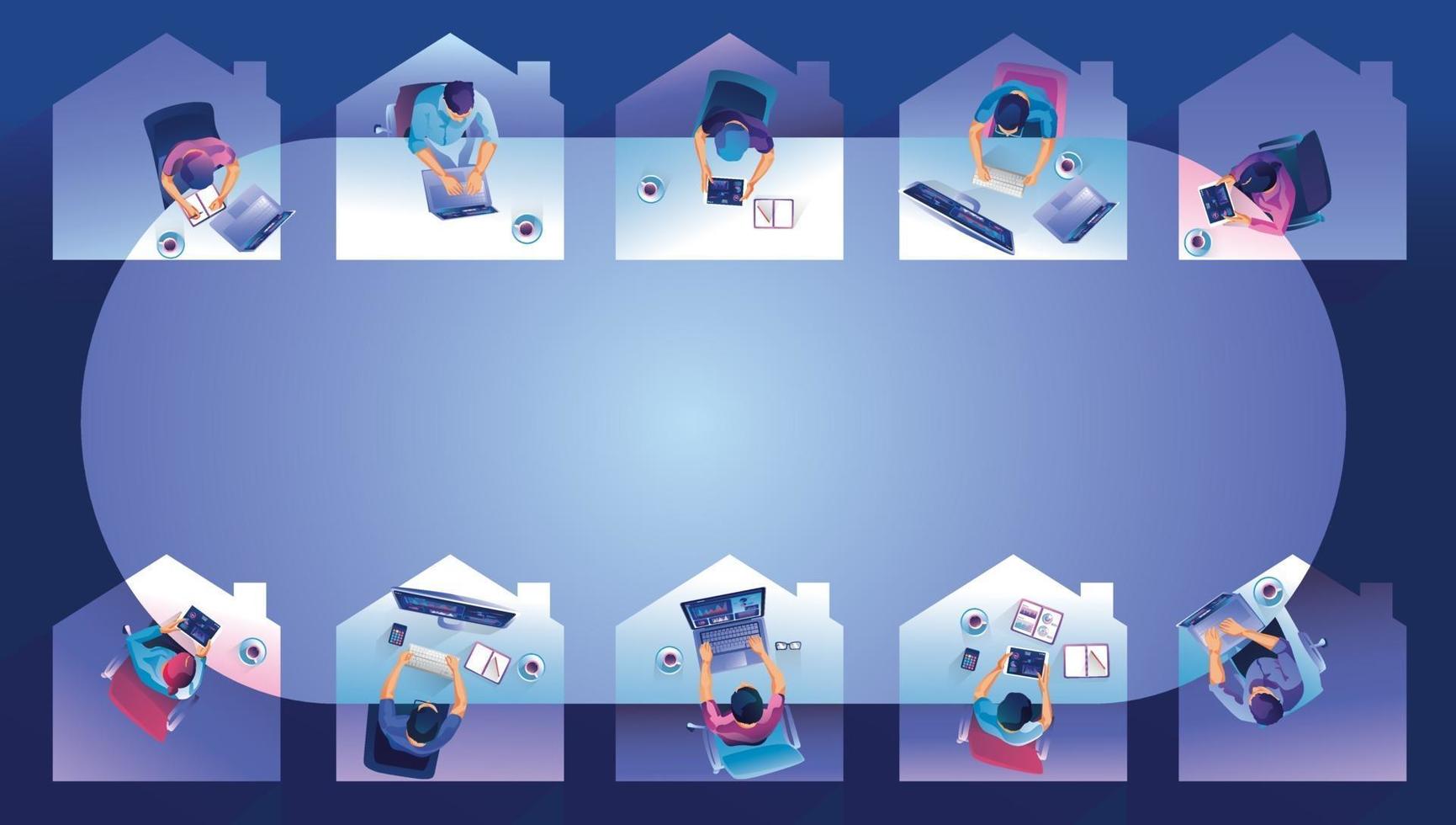 Work from home concept. Top view freelancers working on devices. People at home doing remote work vector illustration