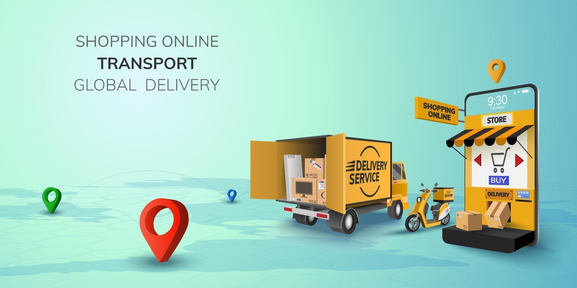 Digital Online Shop Global logistic Truck Van Scooter Delivery on mobile phone website background concept vector