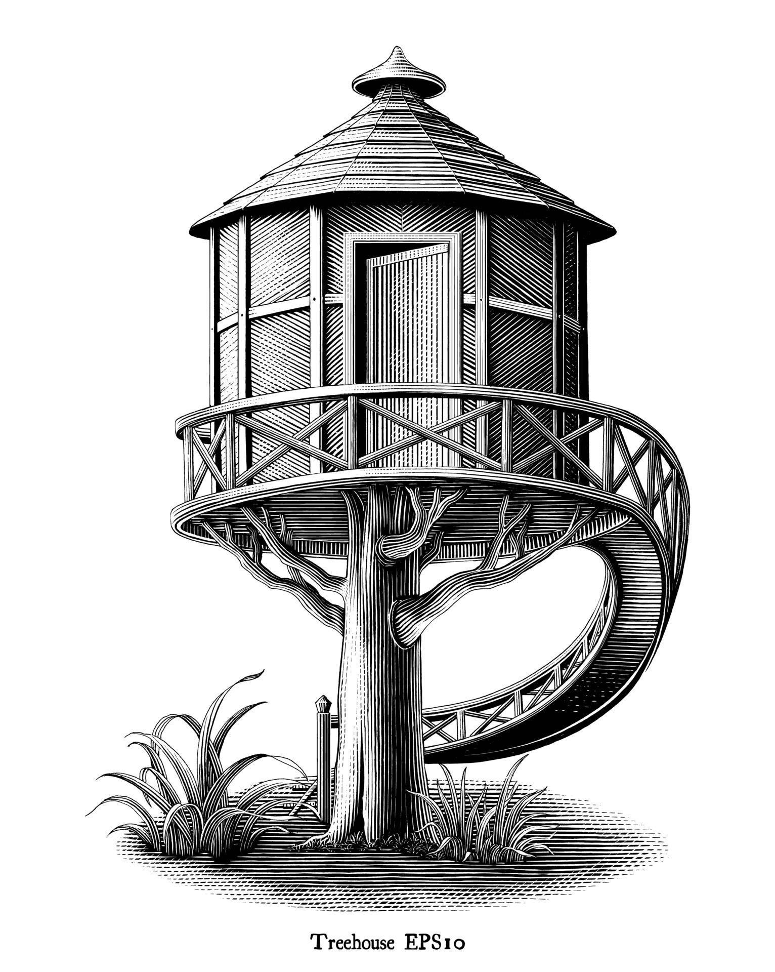 Antique engraving illustration of Treehouse drawing vintage style black and white art isolated
