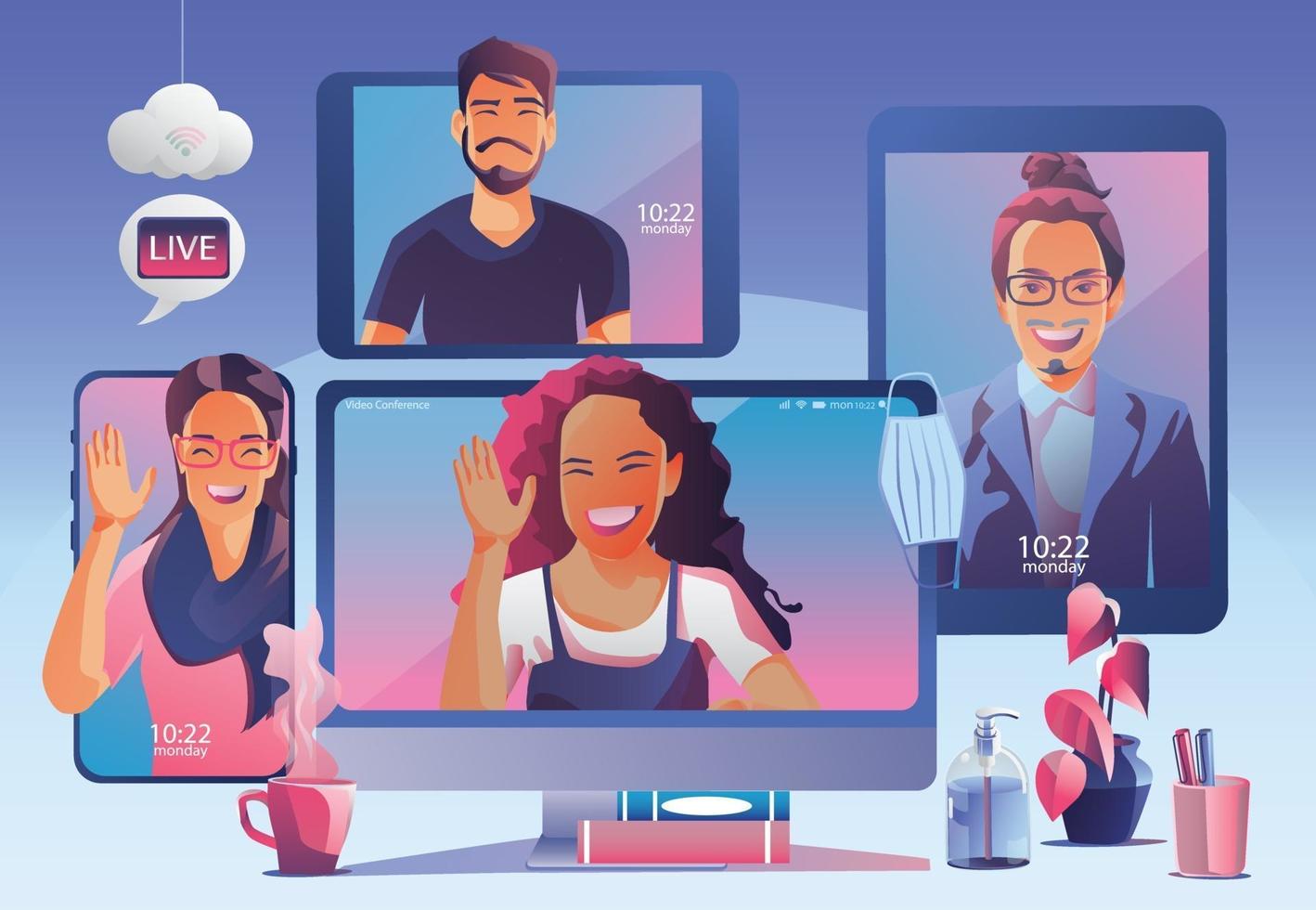 la gente usa la videoconferencia. personas en la pantalla de la ventana hablando con colegas. página de espacio de trabajo de videoconferencias y reuniones en línea, aprendizaje de hombres y mujeres. ilustración vectorial, plano vector