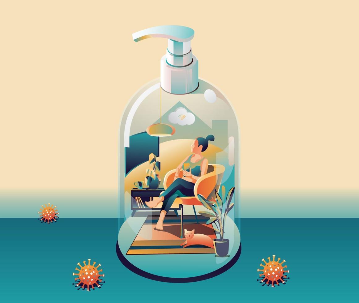 Staying at Home, Quarantine concept. Coronavirus, COVID-19. People in house in shape of gel alcohol bottle on green background with many viruses around. Vector Flat Design