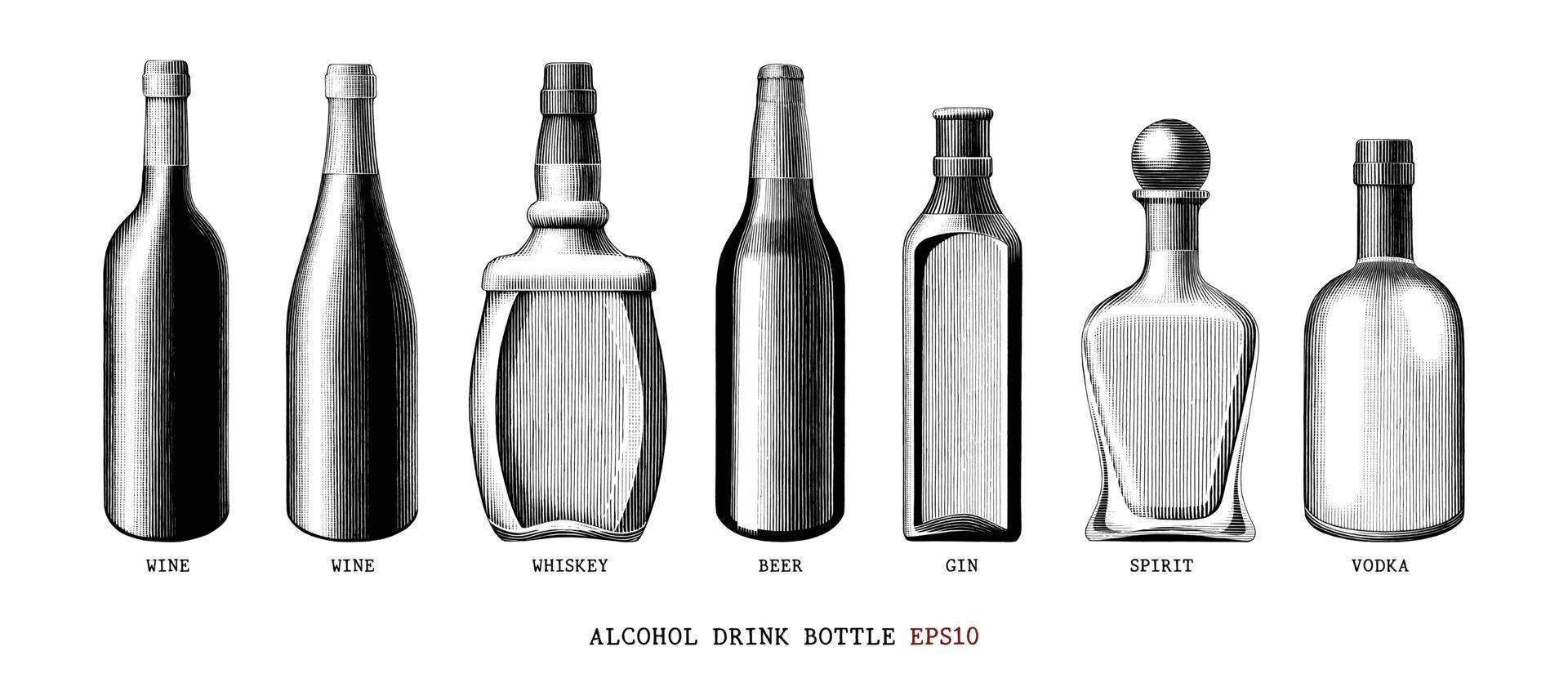 colección de botellas de bebida de alcohol dibujado a mano estilo vintage arte en blanco y negro aislado sobre fondo blanco vector