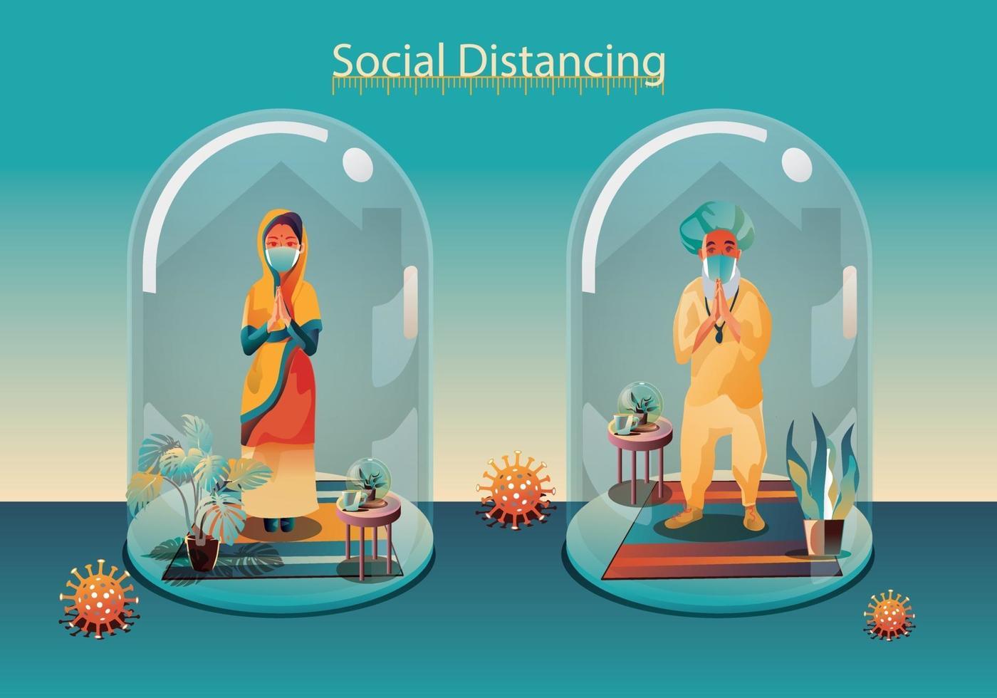 Social distancing, people keep distance and avoid physical contact, handshake or hand touch to protect from COVID-19 coronavirus spreading concept, people are using the INDIA greeting of Namaste vector
