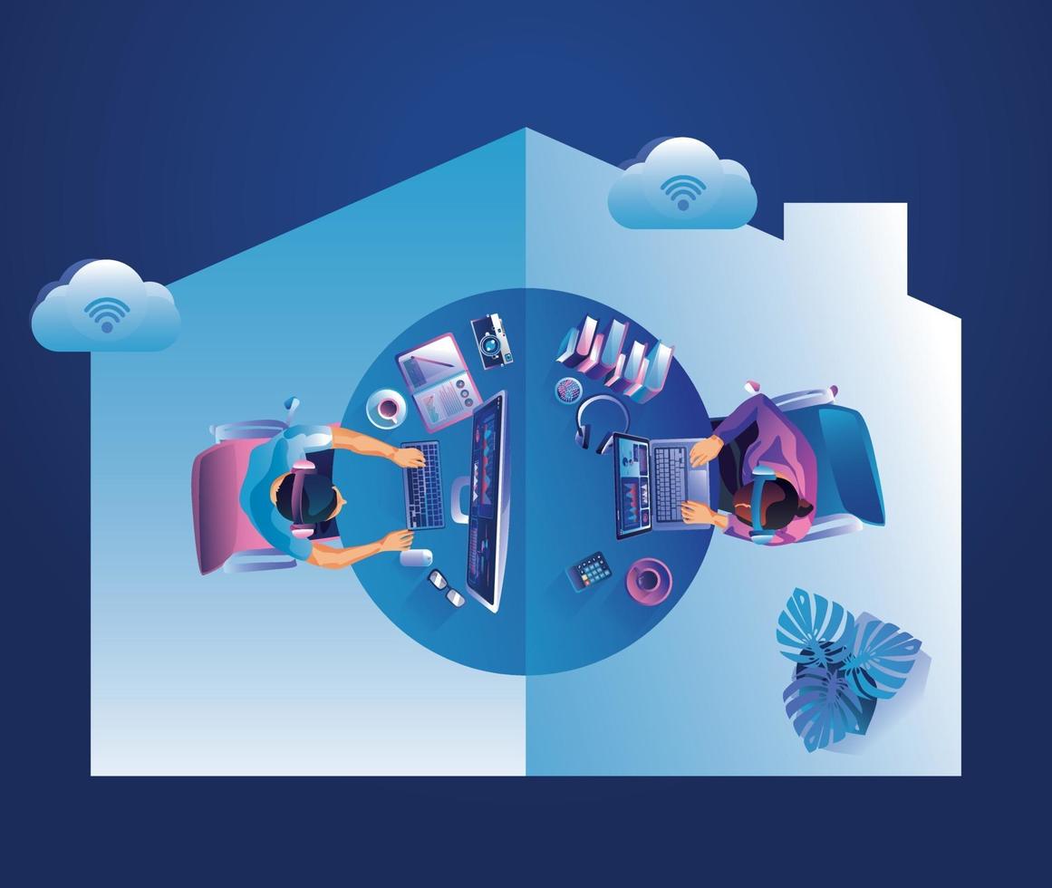 Work from home concept. Top view freelancers working on devices. People at home doing remote work vector illustration