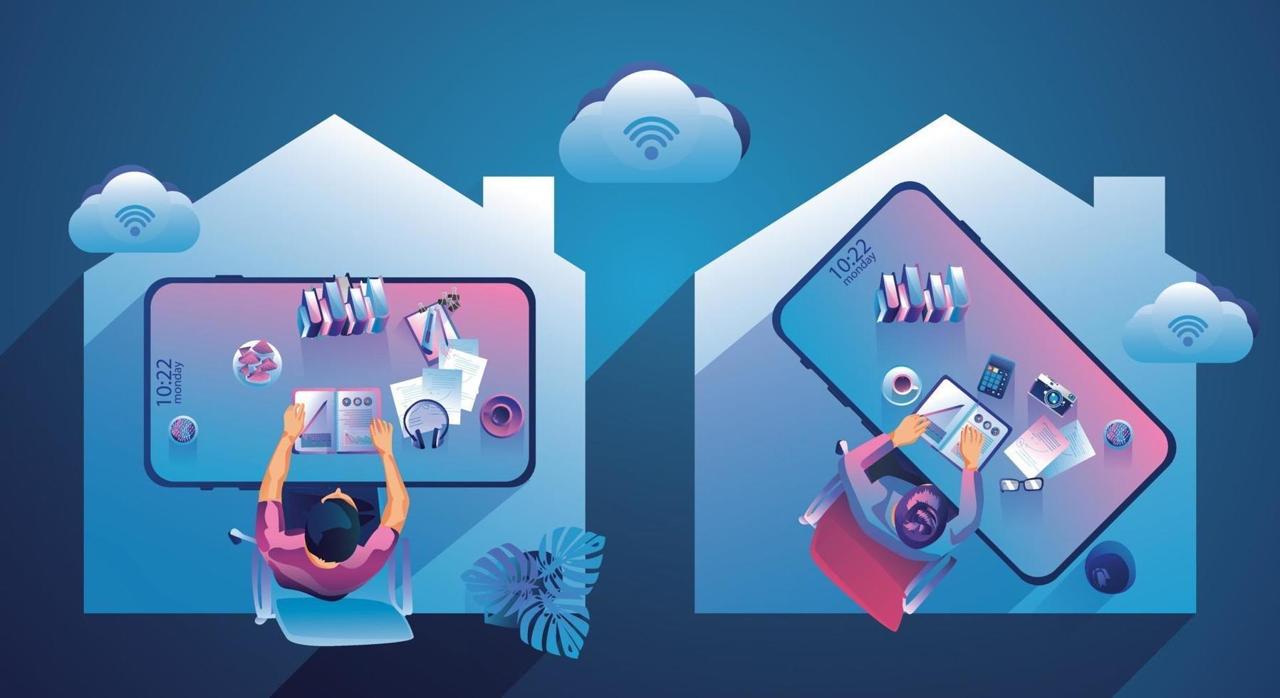 Work from home concept. Top view freelancers working on devices. People at home doing remote work vector illustration