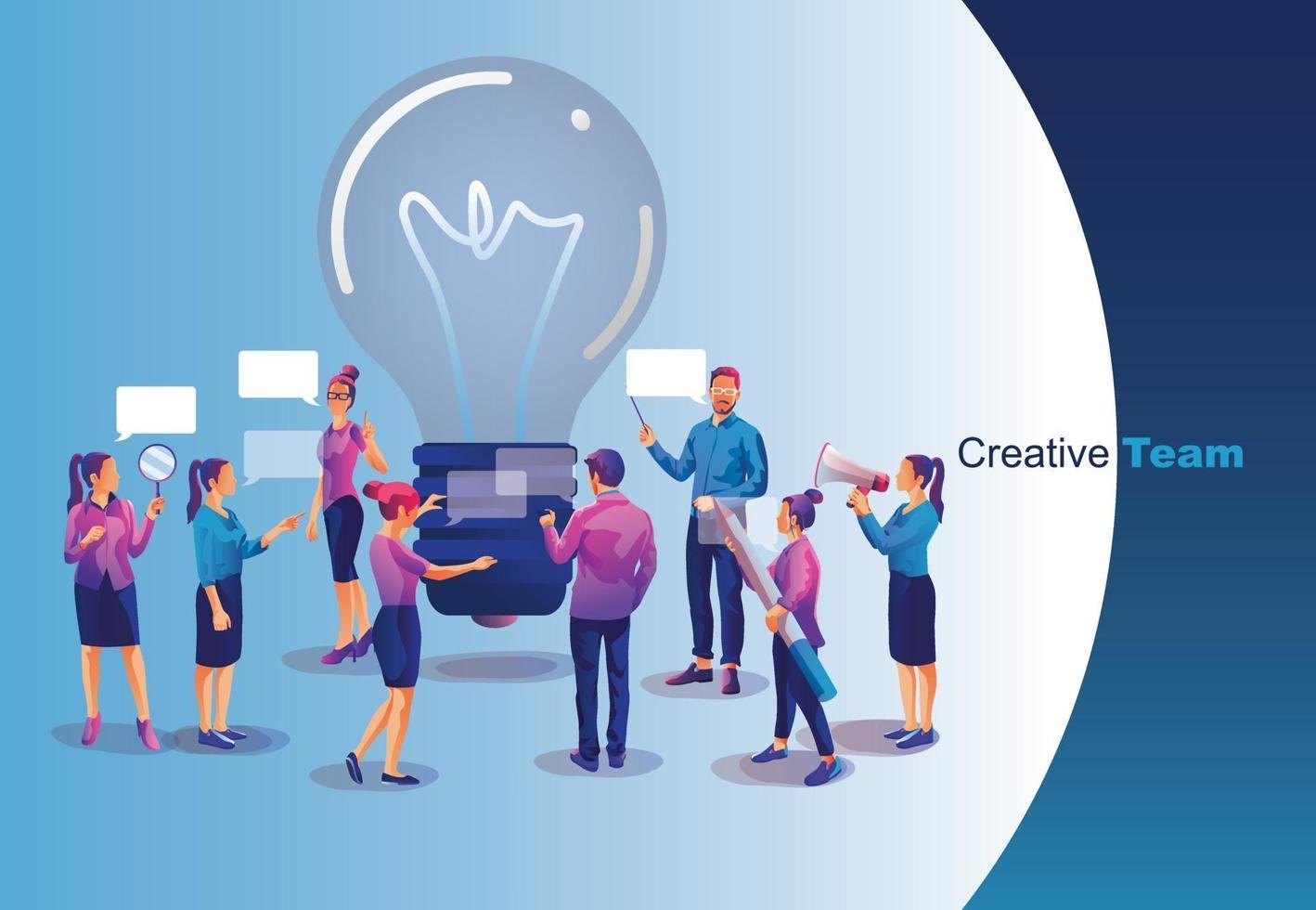 Business people brainstorming successful startup idea sitting at table in a shape of bright light bulb vector