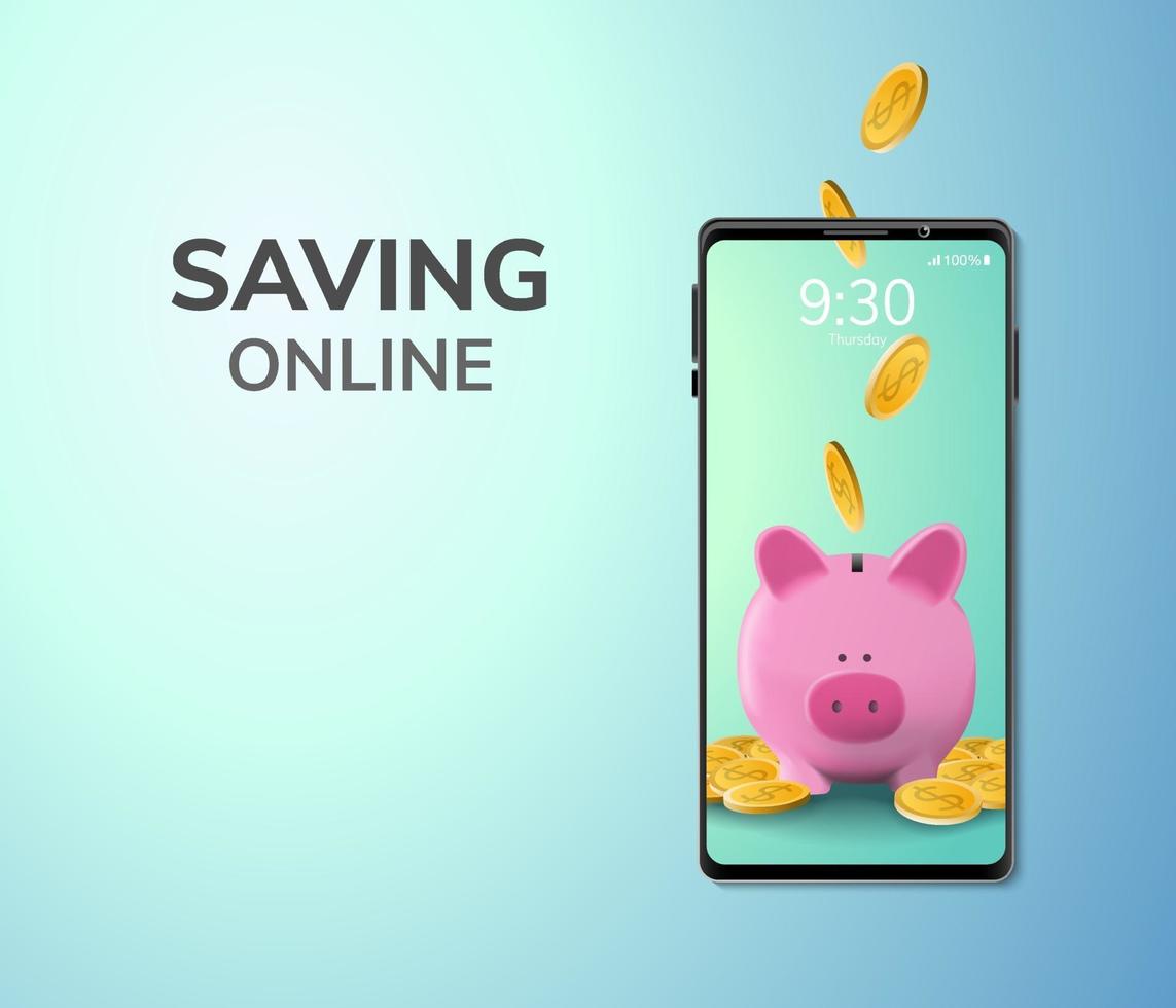 Digital Money Online and blank space on phone, mobile website background saving or deposit in piggy social distance concept vector