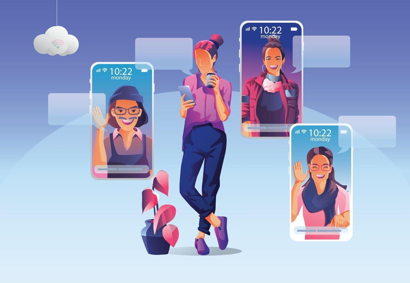 Business people use Video conference. People on window screen talking with colleagues. Videoconferencing and online meeting workspace page, men and women learning. Vector illustration, Flat