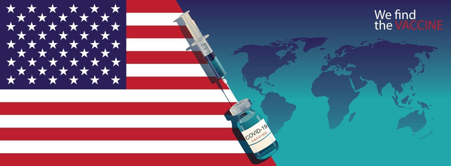 Vaccine development ready for treatment illustration with USA flag, vector flat design