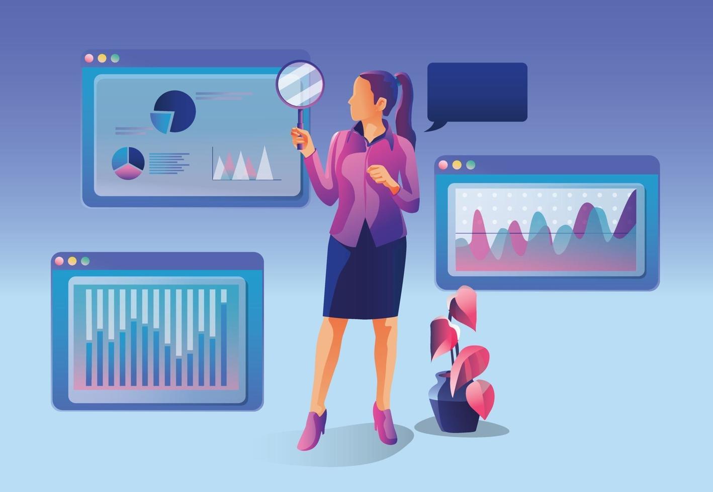 Concept of Business analytics, search engine optimization. The team of merchants analyzes sales, visitors, increases efficiency. A businesswoman with a magnifying glass. Marketing analytics, vector