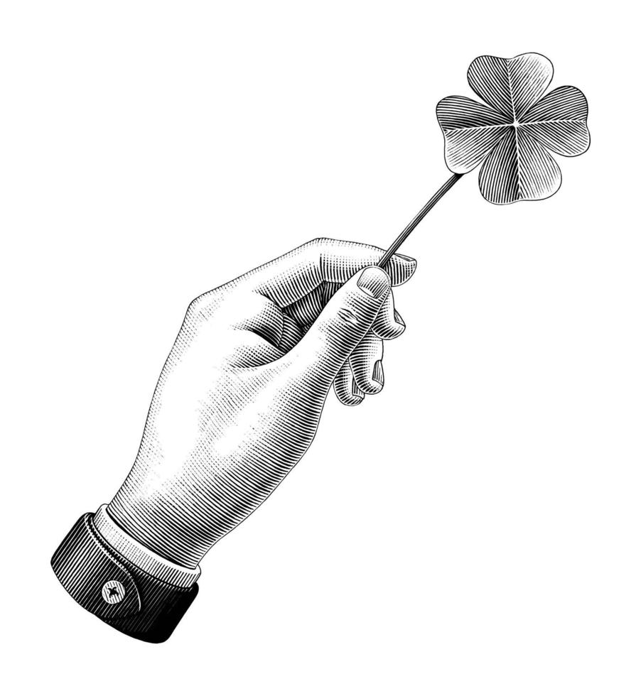 Hand holding clover leaf drawing vintage style black and white art isolated on white background vector