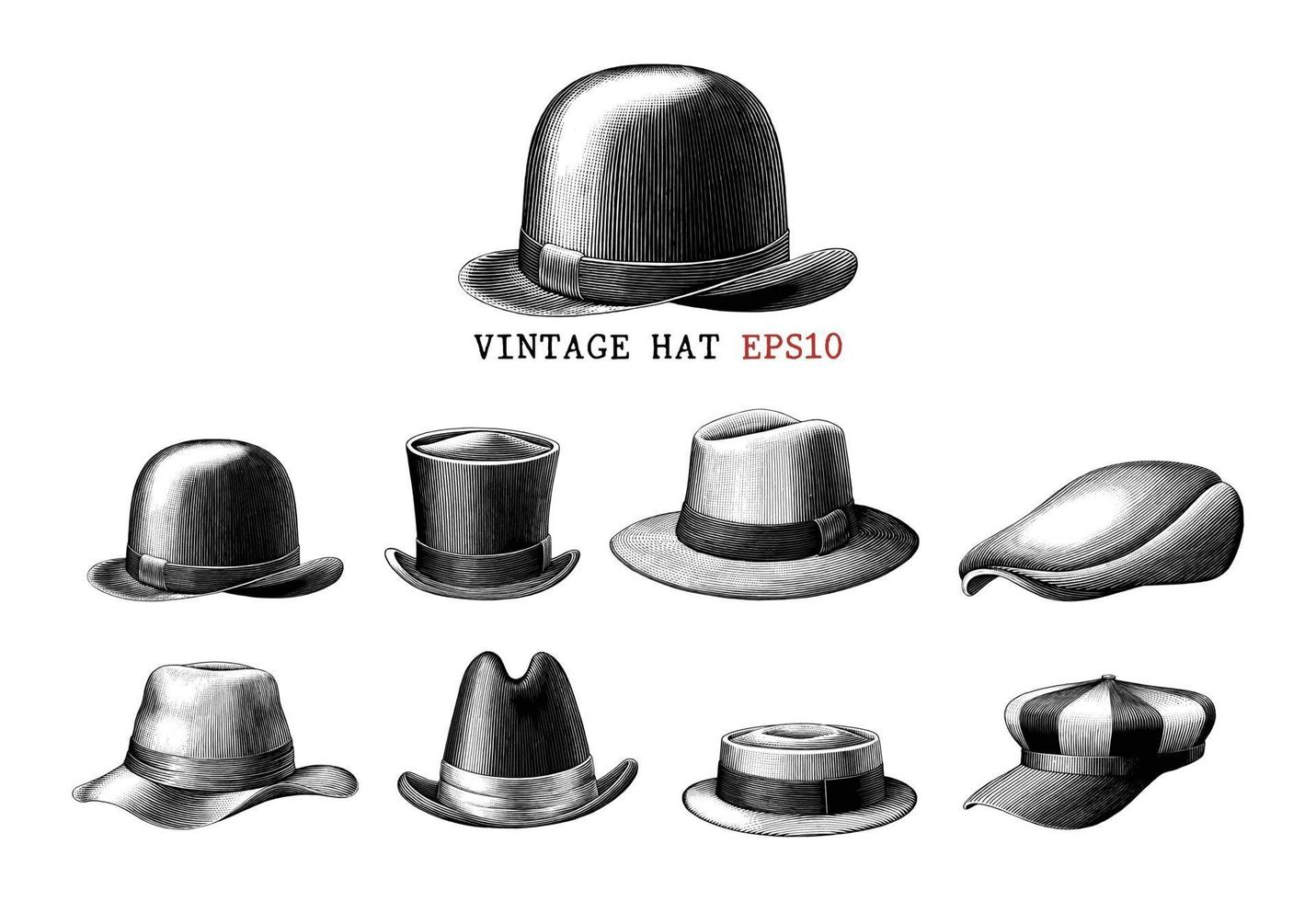 Colección de sombrero vintage estilo de grabado dibujado a mano arte en blanco y negro aislado sobre fondo blanco vector