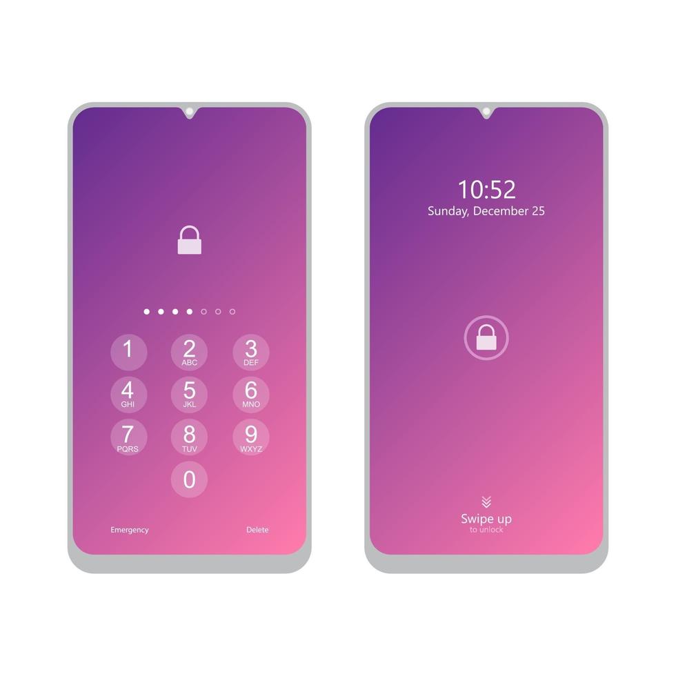 Unlock smartphone device with PIN and swipe screen to unlock device. vector