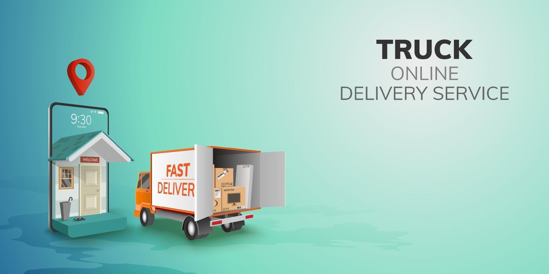 Digital Online Global logistic Truck Van Delivery on mobile phone website background concept vector