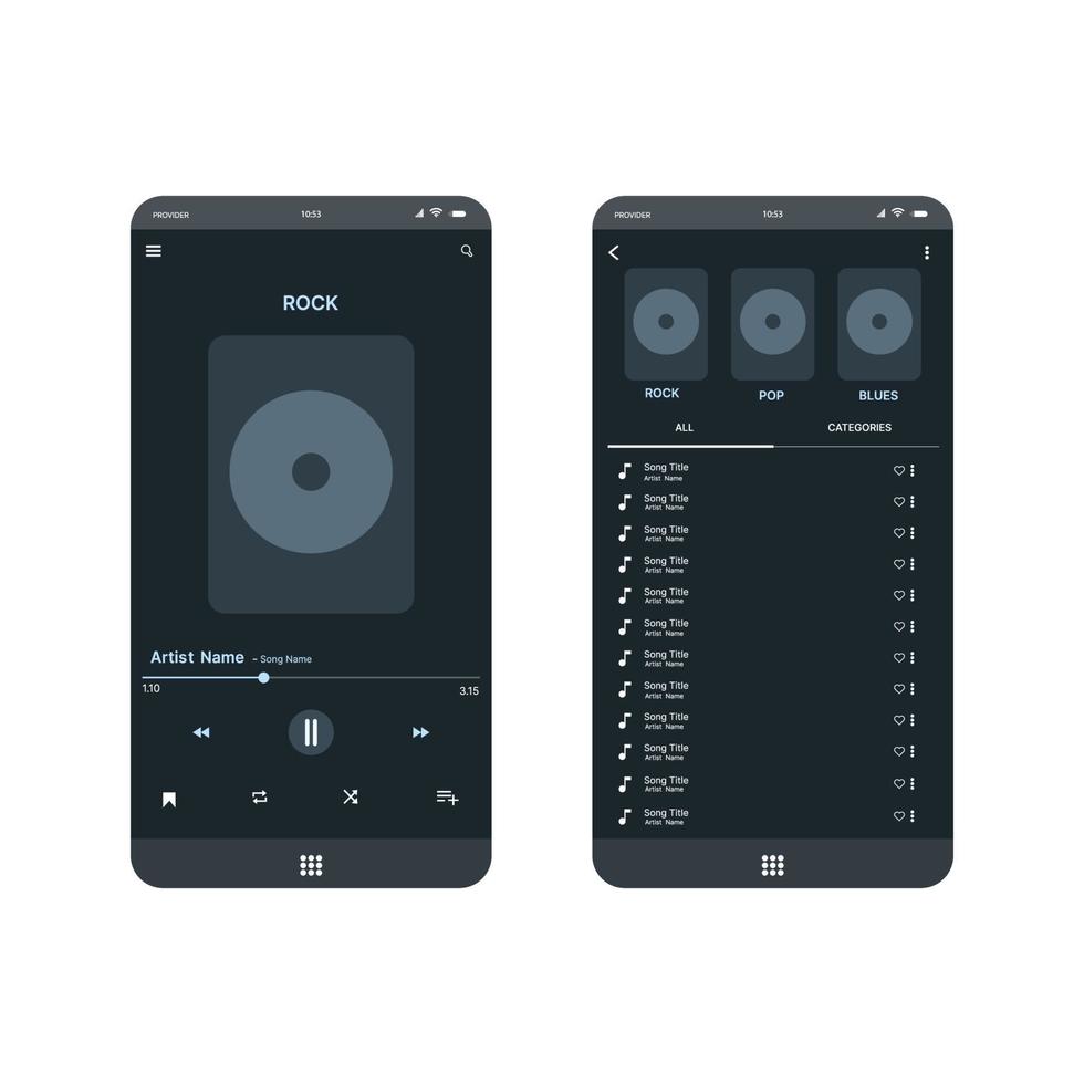 Social media network. Music player interface. Profile, Album, Song, Playlist mockup. music layout screen for smartphone vector