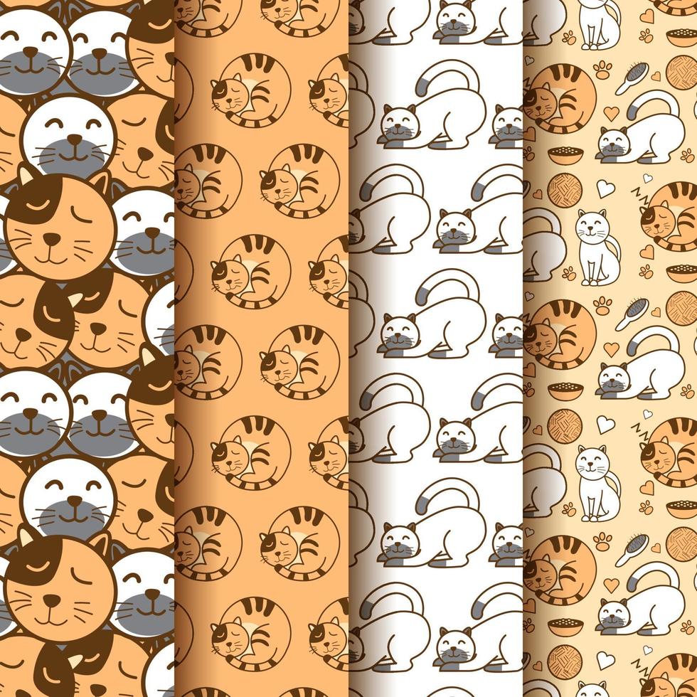 Set of cute patterns with happy cat. Collection of wrapping paper and gift bags. Vector illustration background