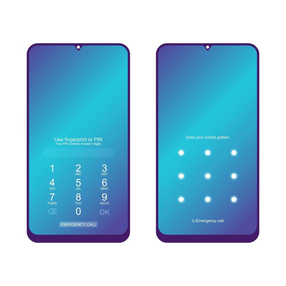 Unlock smartphone device with PIN and pattern. Screen Lock. Set of mobile phone screen lock Passcode interface for lock screen or enter password pages vector