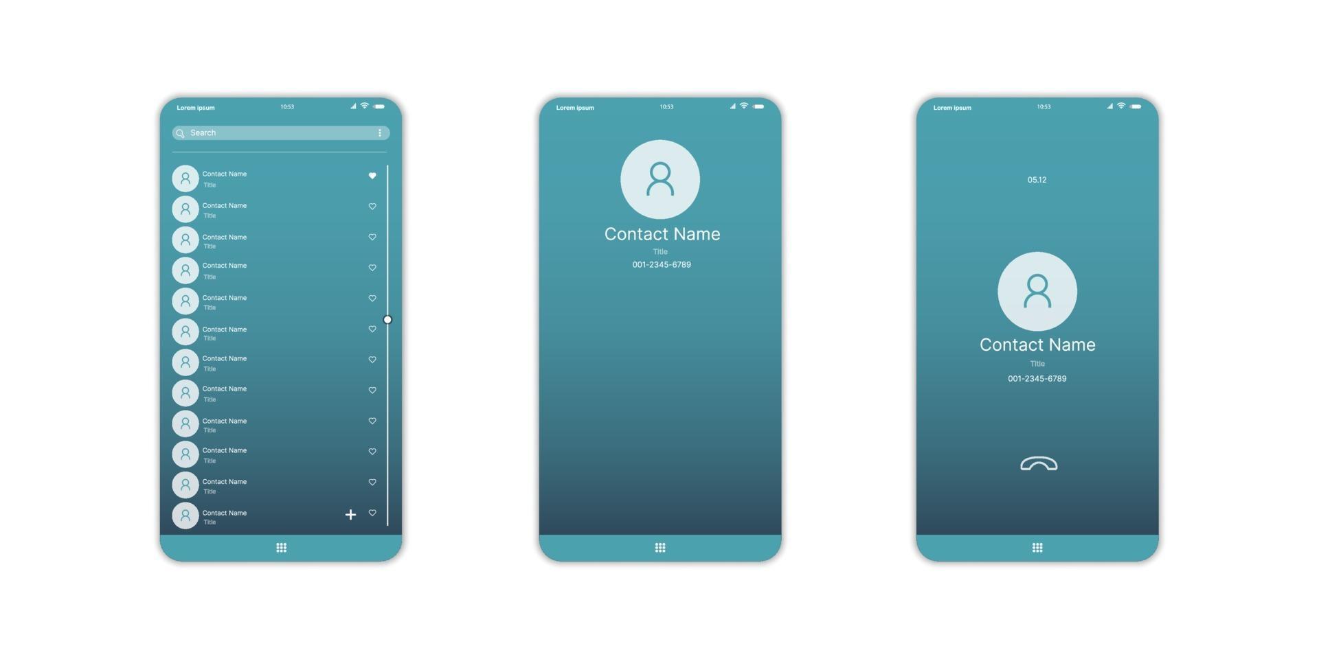 Mobile contact UI, UX, GUI Screen and flat web icons for mobile apps. contact information, mobile call screen, mobile phone contact layout vector