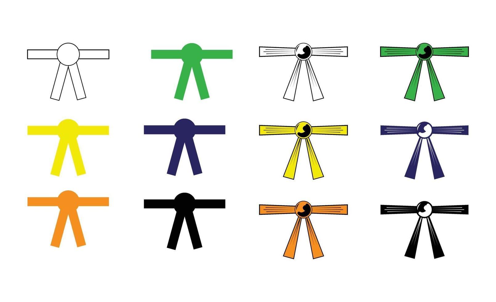 Conjunto de cinturones de karate aislado sobre fondo blanco. vector