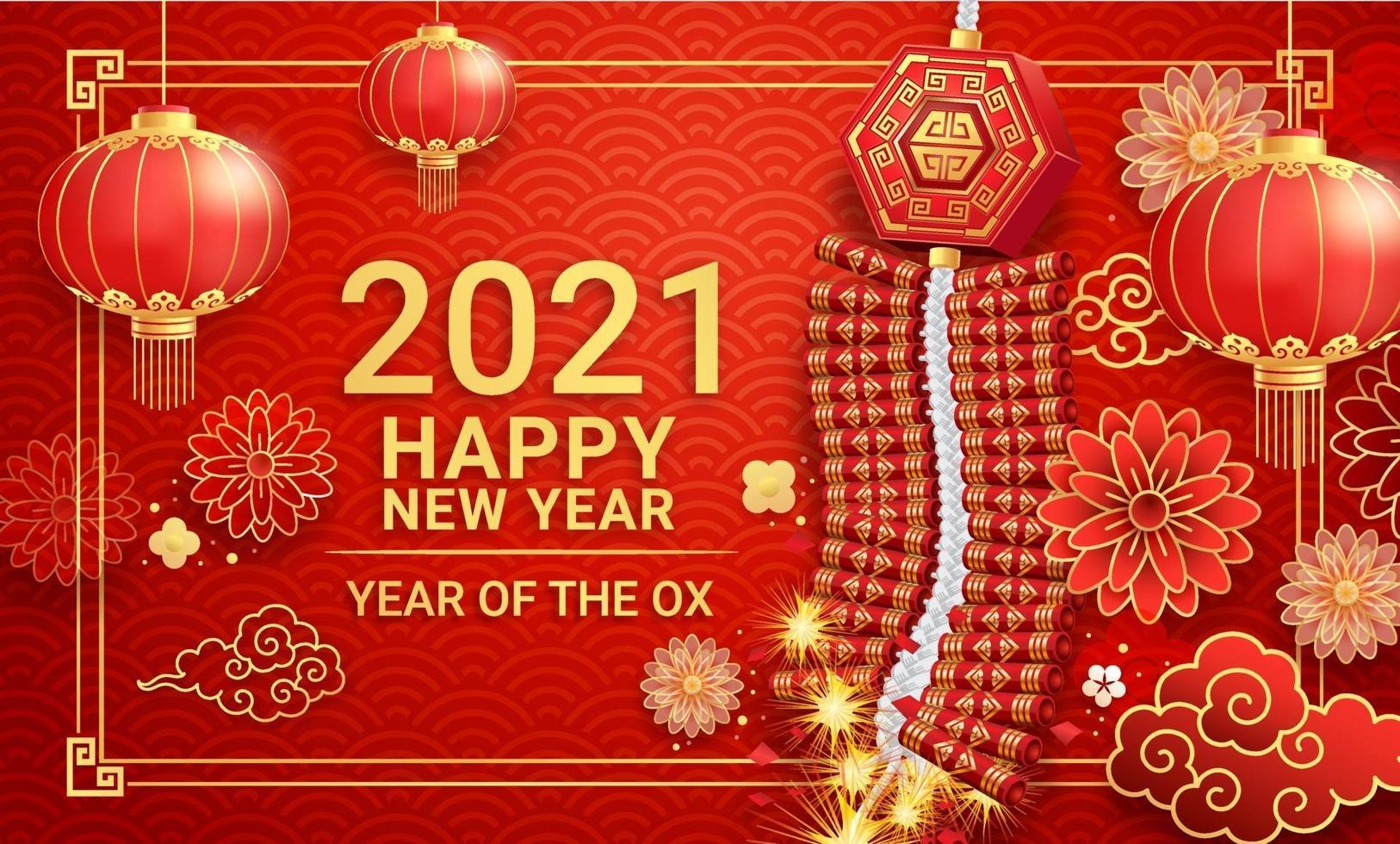 Chinese new year 2021. Firecrackers with paper lanterns and flower on greeting card background the year of the ox. Vector illustrations.