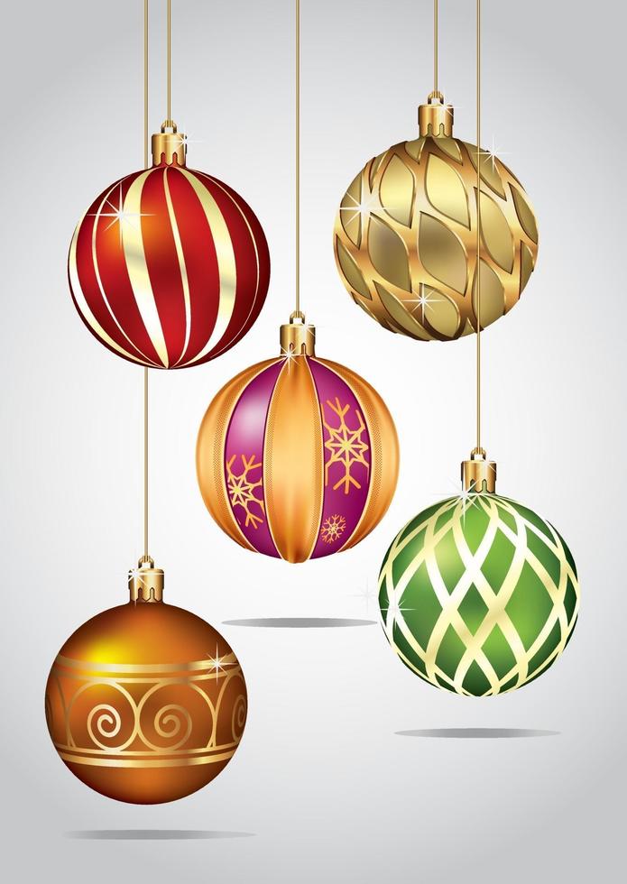 Christmas ornaments hanging on gold thread. Vector illustration.